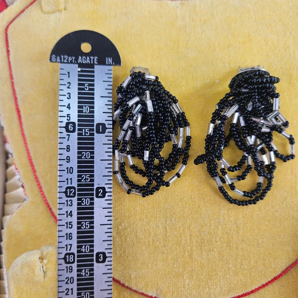Vintage Black Silver Seed Bead‎ Waterfall Tassel Cluster Clip On Earrings 2